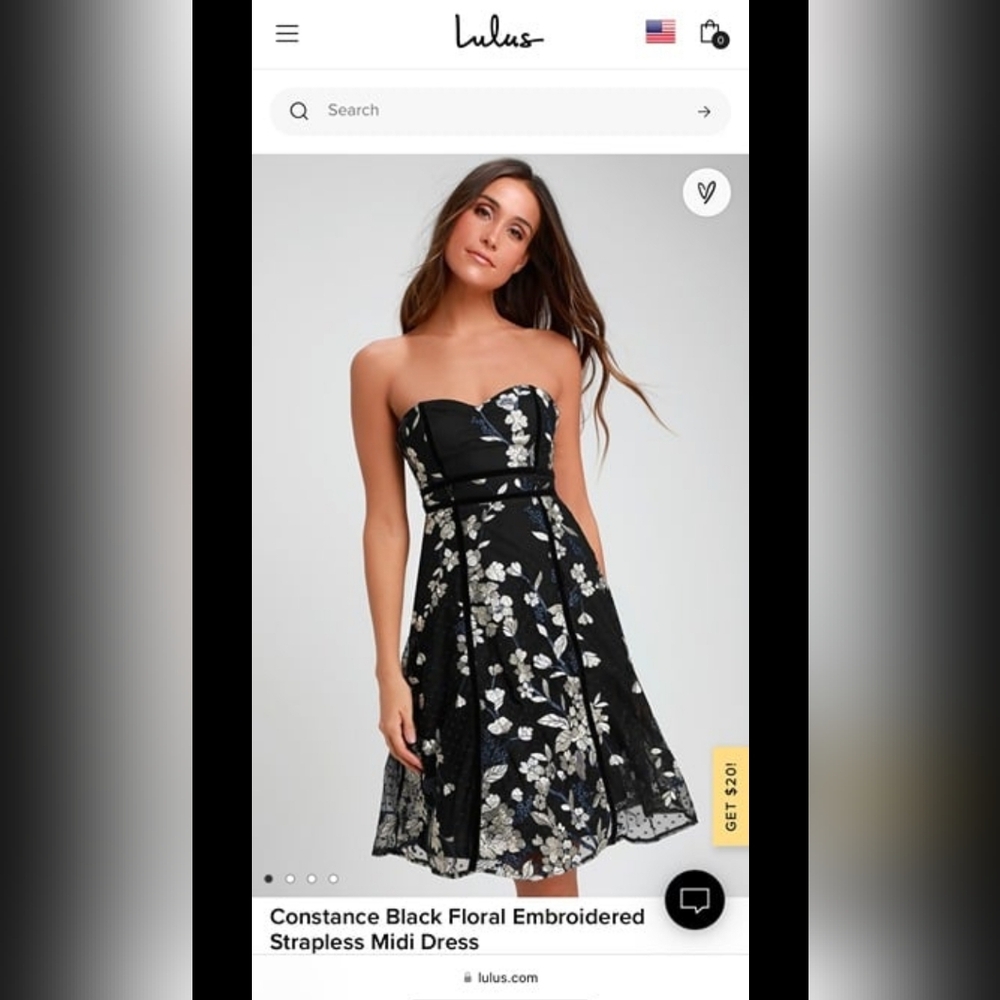 Lulu's Great Condition Large Black Floral Strapless Midi Dress